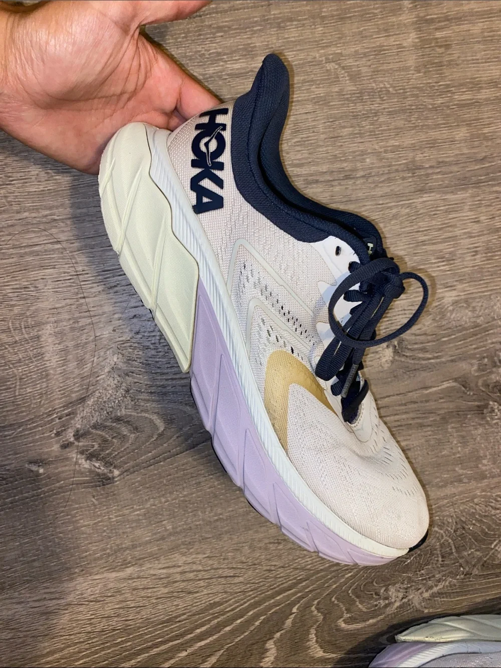 Hoka Women's Running Shoes in White, Navy & Gold - Picture 3 of 4